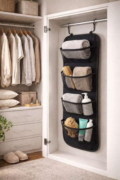 Siyah Kapı Arkası Organizer Hurç 4 Cepli Asılabilir Dolap İçi Düzenleyici 32x102 cm