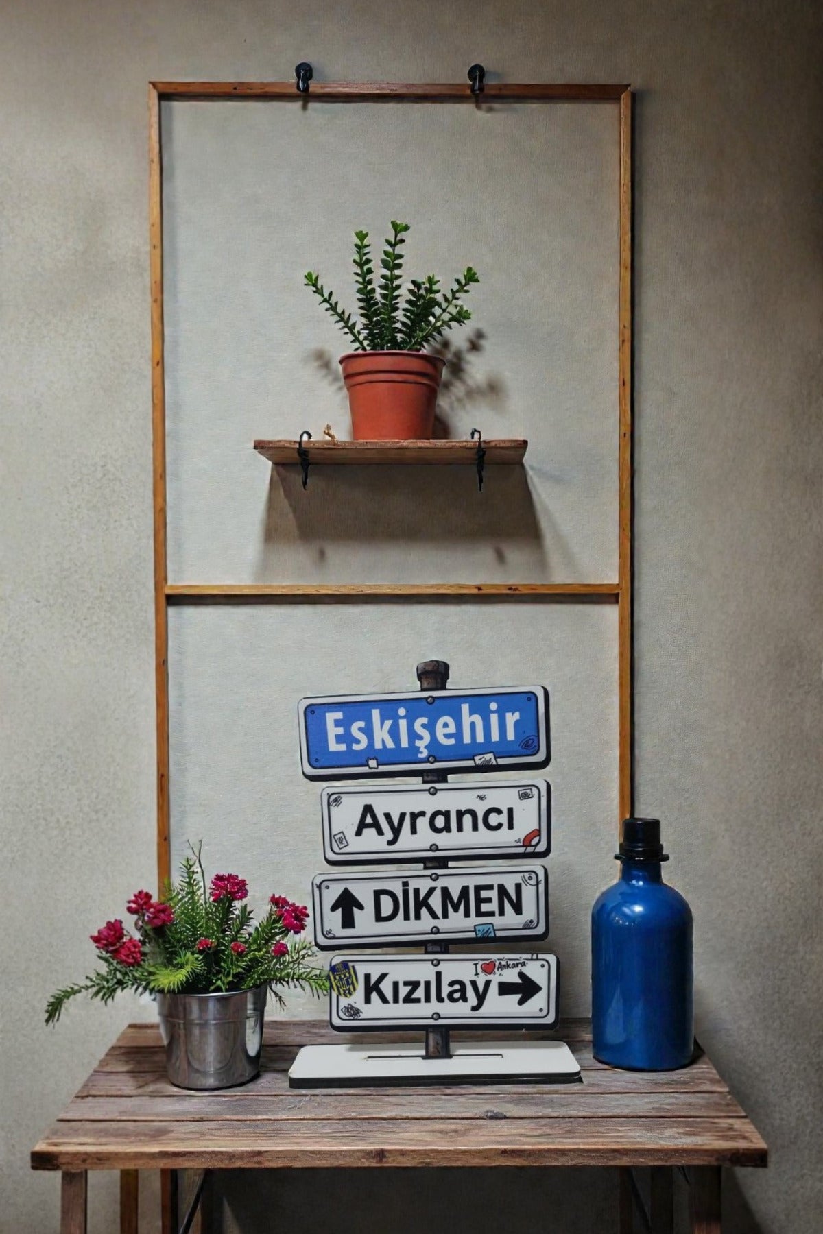 Ankara Yön Tabelası Dekor – Eskişehir, Ayrancı, Dikmen, Kızılay Yazılı Ahşap Masaüstü Biblo