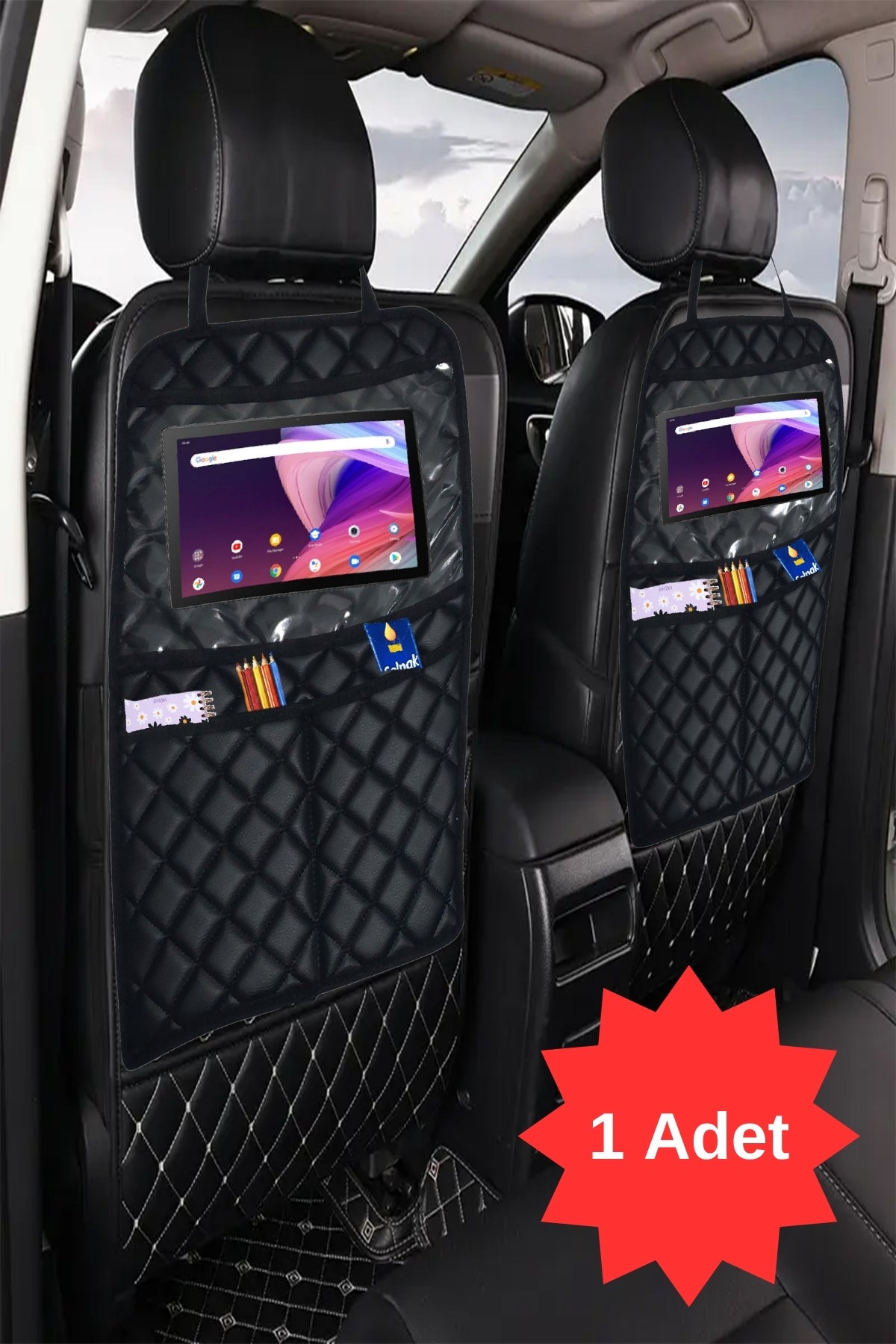 Siyah Deri Araba Koltuk Arkası Tablet Tutucu Organizer | 28x18 cm Tüm Tablet Modellerine Uyumlu