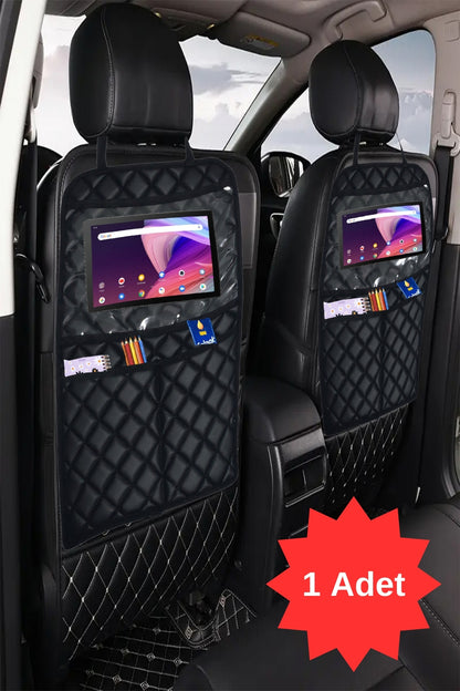 Siyah Deri Araba Koltuk Arkası Tablet Tutucu Organizer | 28x18 cm Tüm Tablet Modellerine Uyumlu