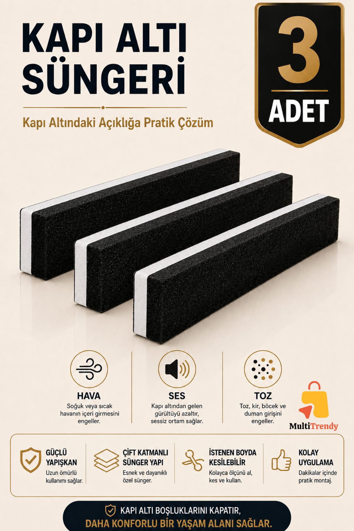 3 Adet Kapı Altı Rüzgar Önleyici 90 cm Yapışkanlı Isı Yalıtım Süngeri Soğuk Toz Ses Kesici Eşik Süngeri