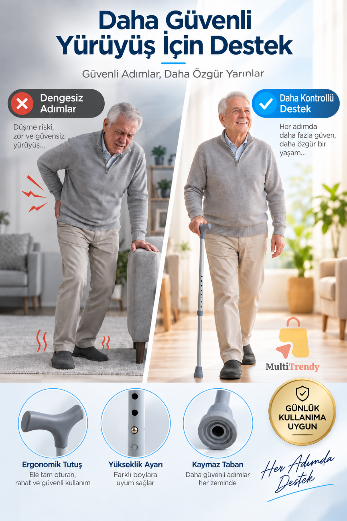 Ayarlanabilir Alüminyum Asa Baston Ergonomik Saplı Kaymaz Tabanlı Yürüyüş Denge Bastonu Gri
