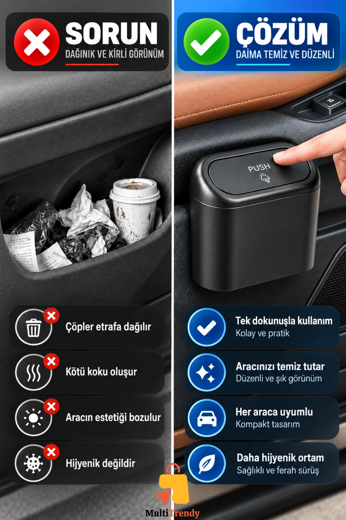 Araç İçi Çöp Kutusu Kapaklı Oto Çöp Kovası Sızdırmaz Portatif Araç İçi Çöp Kovası