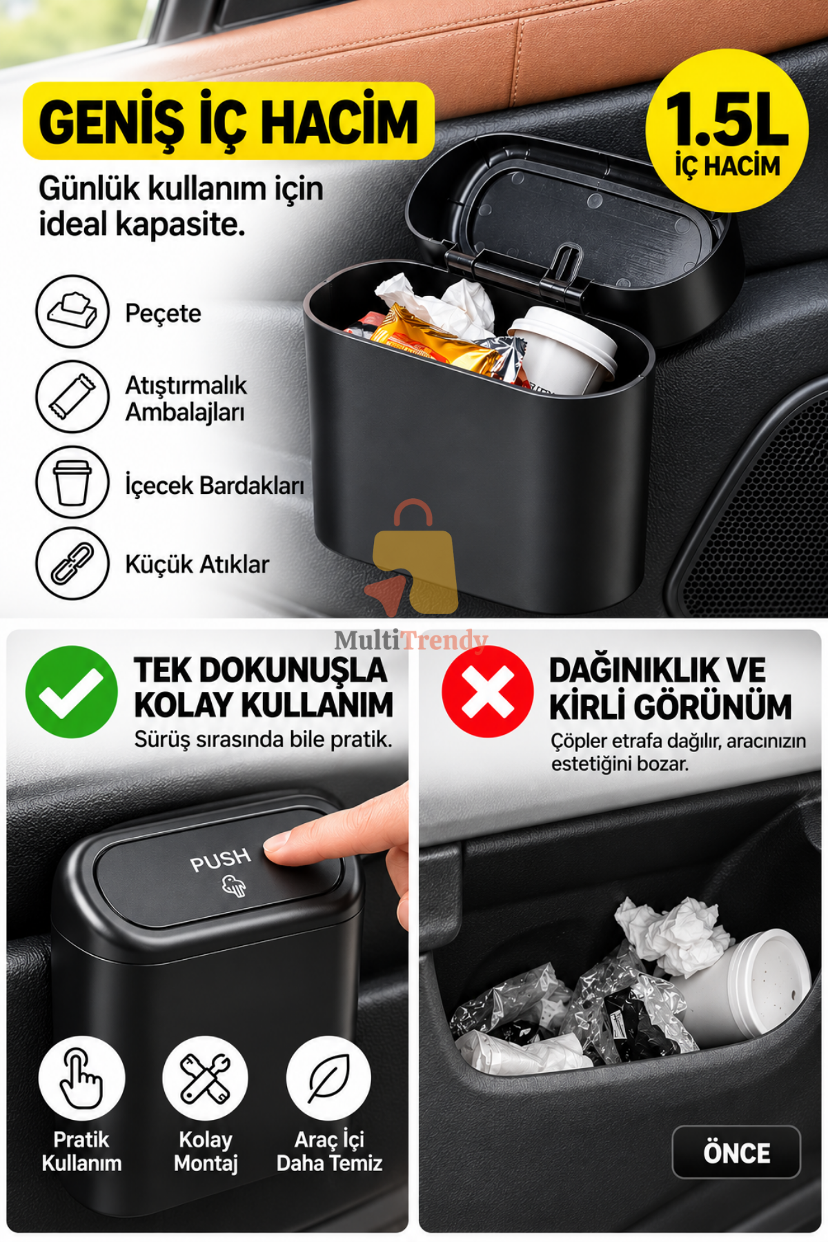 Araç İçi Çöp Kutusu Kapaklı Oto Çöp Kovası Sızdırmaz Portatif Araç İçi Çöp Kovası