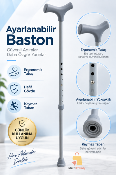 Ayarlanabilir Alüminyum Asa Baston Ergonomik Saplı Kaymaz Tabanlı Yürüyüş Denge Bastonu Gri