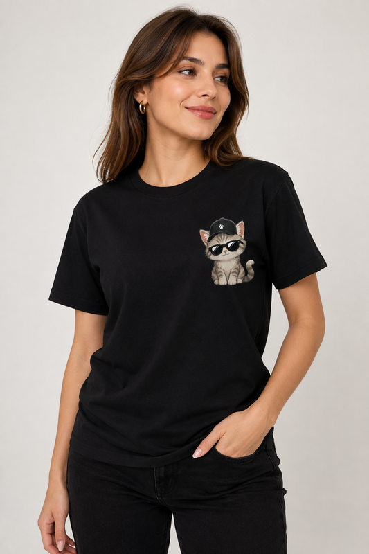 Siyah Kedi Baskılı Tişört Kadın Erkek %100 Pamuk Güneş Gözlüklü Sevimli Kedi Tasarımlı Basic T-Shirt