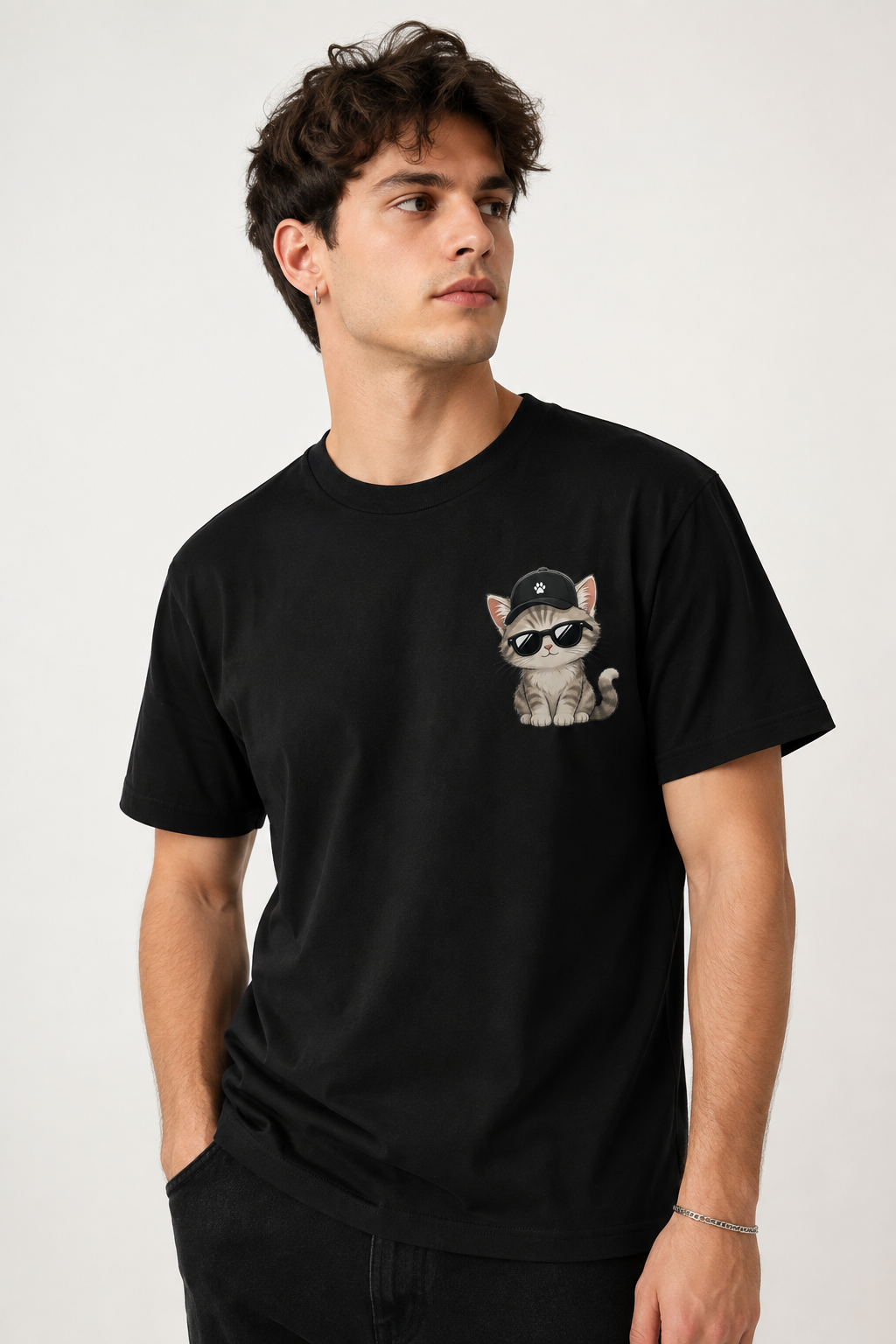 Siyah Kedi Baskılı Tişört Kadın Erkek %100 Pamuk Güneş Gözlüklü Sevimli Kedi Tasarımlı Basic T-Shirt