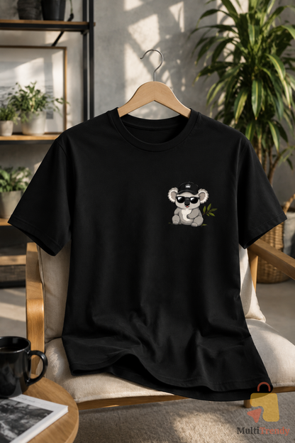 Koala Baskılı Siyah Kadın Erkek Tişört %100 Pamuk Bisiklet Yaka Günlük Basic T-Shirt