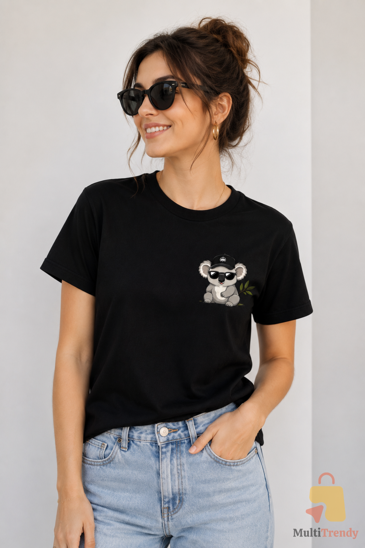 Koala Baskılı Siyah Kadın Erkek Tişört %100 Pamuk Bisiklet Yaka Günlük Basic T-Shirt