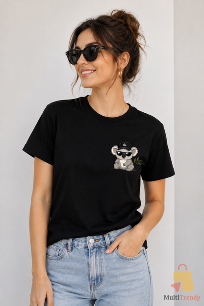 Koala Baskılı Siyah Kadın Erkek Tişört %100 Pamuk Bisiklet Yaka Günlük Basic T-Shirt