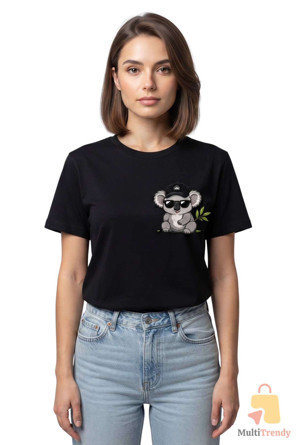 Koala Baskılı Siyah Kadın Erkek Tişört %100 Pamuk Bisiklet Yaka Günlük Basic T-Shirt