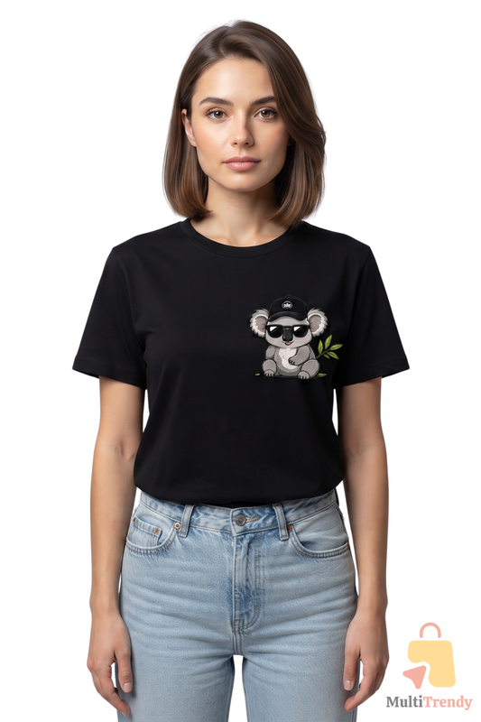 Koala Baskılı Siyah Kadın Erkek Tişört %100 Pamuk Bisiklet Yaka Günlük Basic T-Shirt