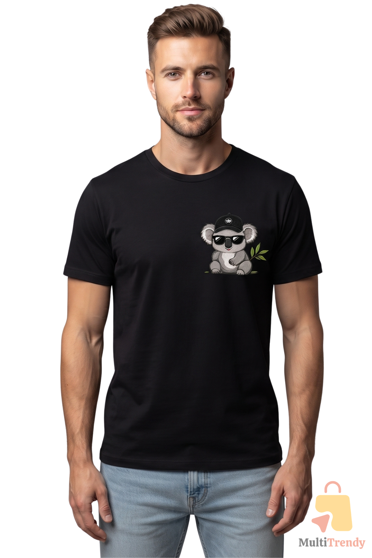 Koala Baskılı Siyah Kadın Erkek Tişört %100 Pamuk Bisiklet Yaka Günlük Basic T-Shirt