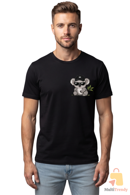 Koala Baskılı Siyah Kadın Erkek Tişört %100 Pamuk Bisiklet Yaka Günlük Basic T-Shirt
