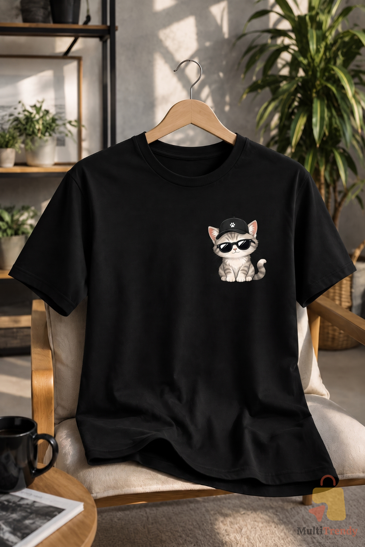Siyah Kedi Baskılı Tişört Kadın Erkek %100 Pamuk Güneş Gözlüklü Sevimli Kedi Tasarımlı Basic T-Shirt