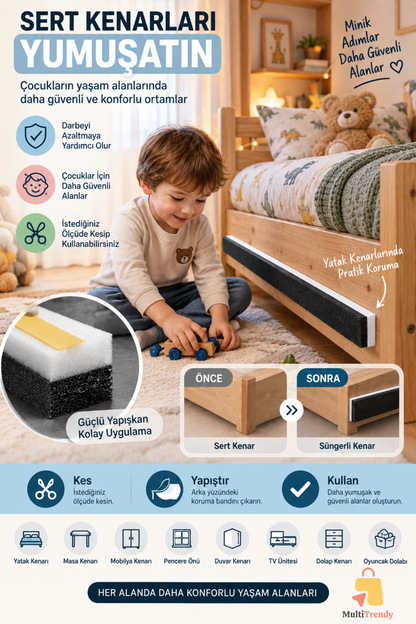 Bebek Çocuk Kenar Koruyucu Yapışkanlı Sünger Masa Yatak Mobilya 90x8x2 cm