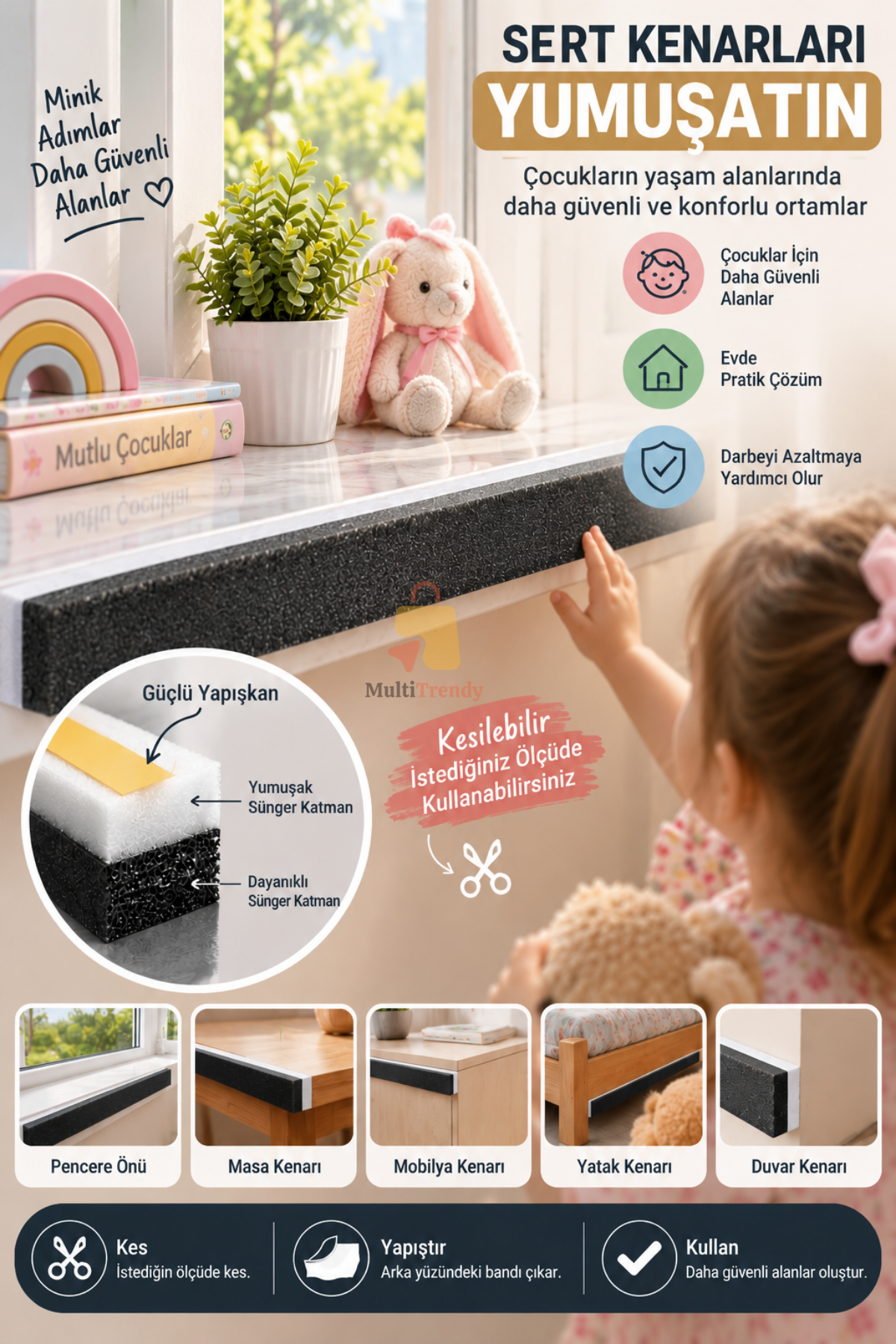 Bebek Çocuk Kenar Koruyucu Yapışkanlı Sünger Masa Yatak Mobilya 90x8x2 cm