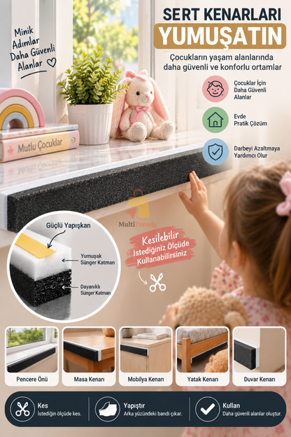 Bebek Çocuk Kenar Koruyucu Yapışkanlı Sünger Masa Yatak Mobilya 90x8x2 cm