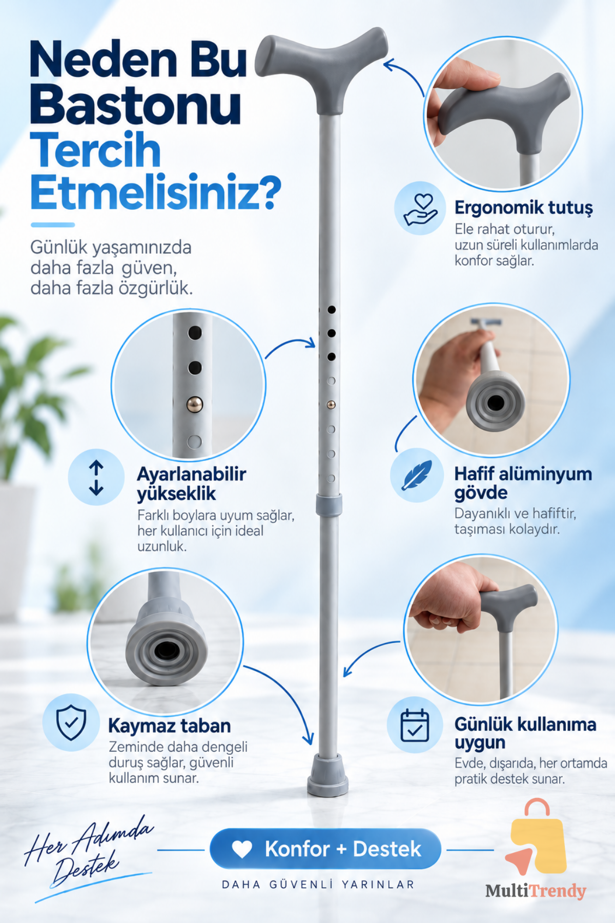Ayarlanabilir Alüminyum Asa Baston Ergonomik Saplı Kaymaz Tabanlı Yürüyüş Denge Bastonu Gri