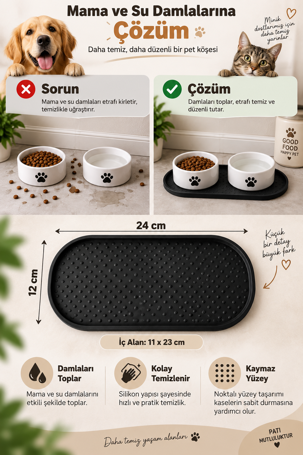 Kedi Köpek Beslenme Matı12x24 cm Su Geçirmez Mama Kabı Altlığı Paspası