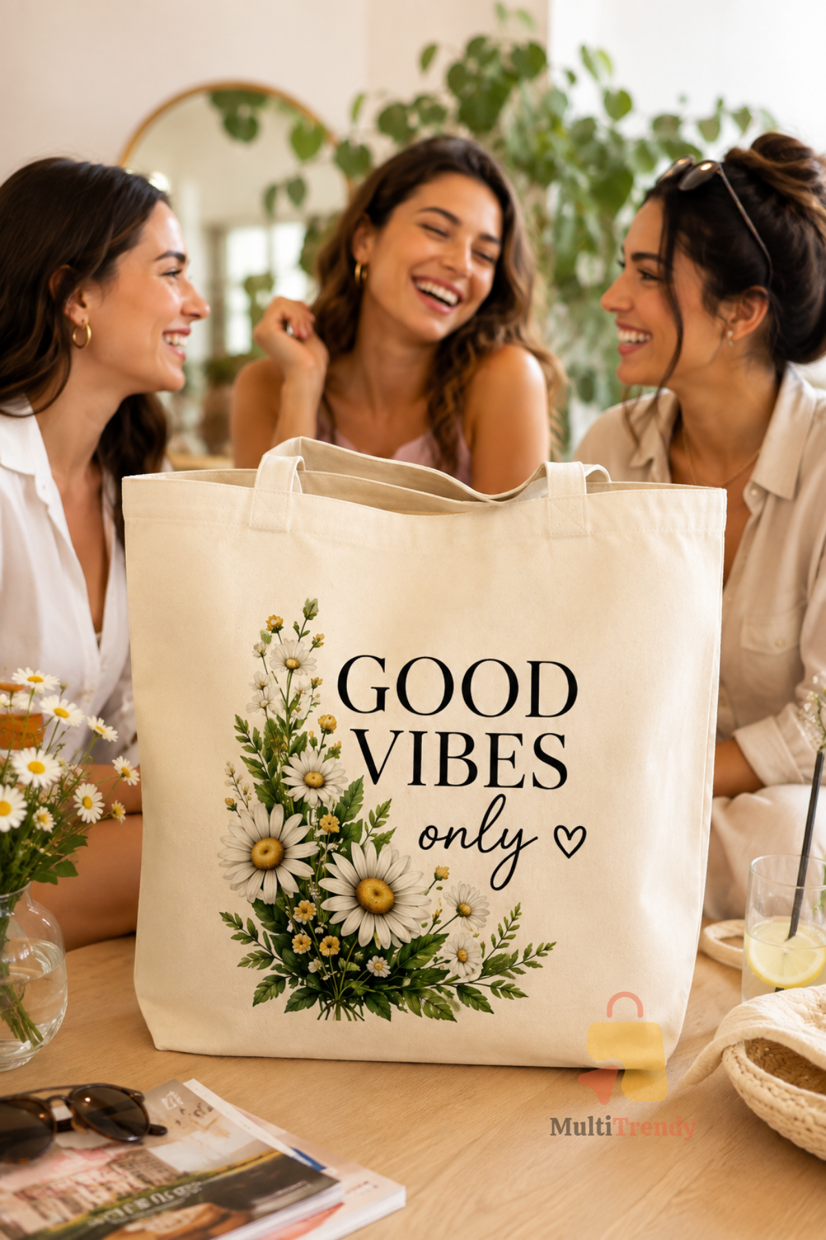 Good Vibes Baskılı Ham Bez Çanta 40x50x10 cm – Büyük Boy Körüklü Tote Bag