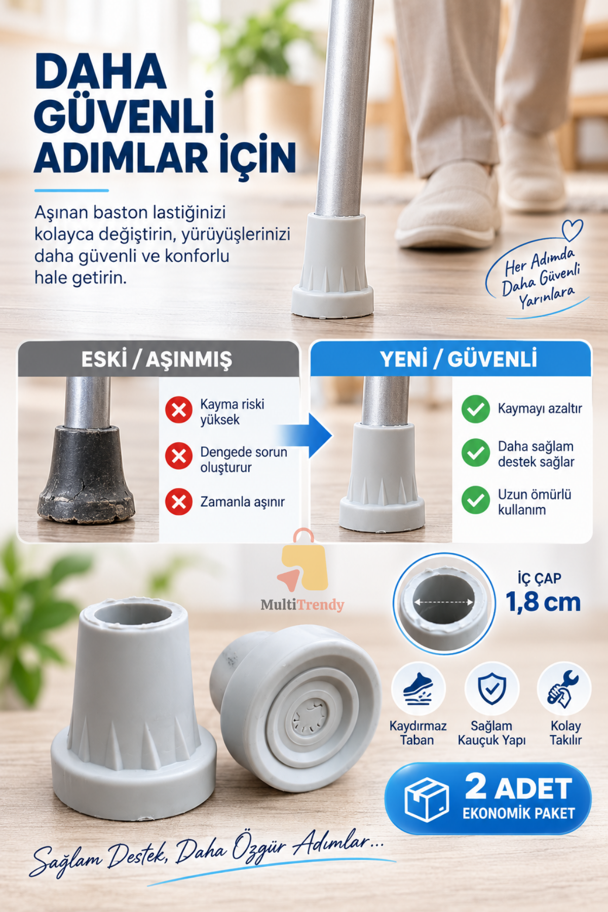 2 Adet Baston Lastiği 18 mm Kaymaz Kauçuk Baston Ucu Kanedyen Koltuk Değneği Asa Lastiği Gri