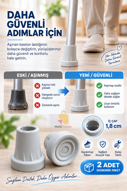 2 Adet Baston Lastiği 18 mm Kaymaz Kauçuk Baston Ucu Kanedyen Koltuk Değneği Asa Lastiği Gri