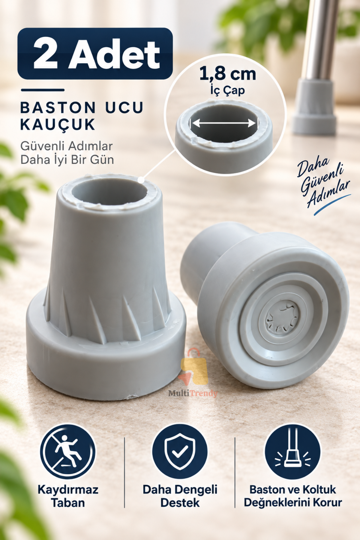 2 Adet Baston Lastiği 18 mm Kaymaz Kauçuk Baston Ucu Kanedyen Koltuk Değneği Asa Lastiği Gri