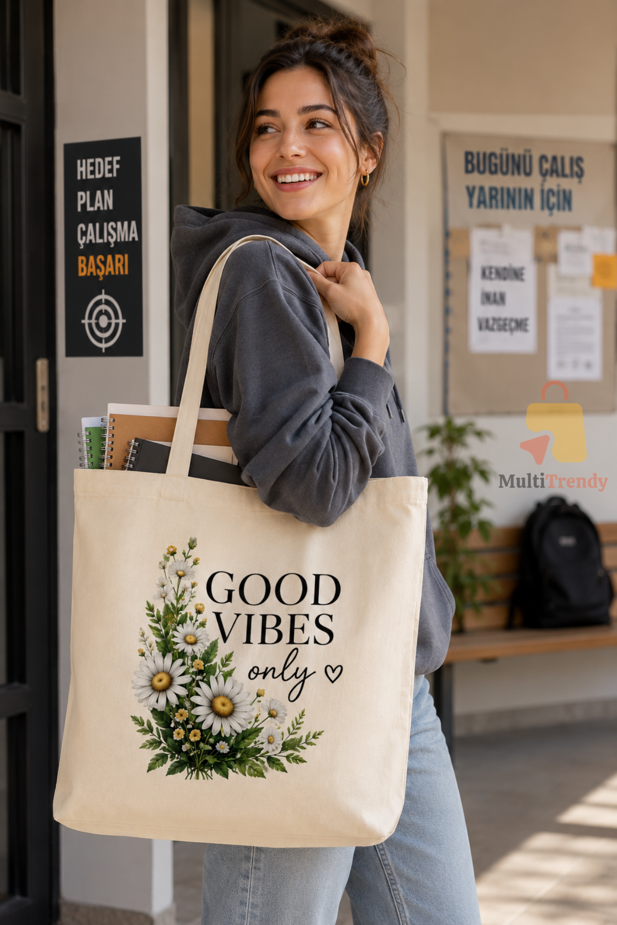 Good Vibes Baskılı Ham Bez Çanta 40x50x10 cm – Büyük Boy Körüklü Tote Bag
