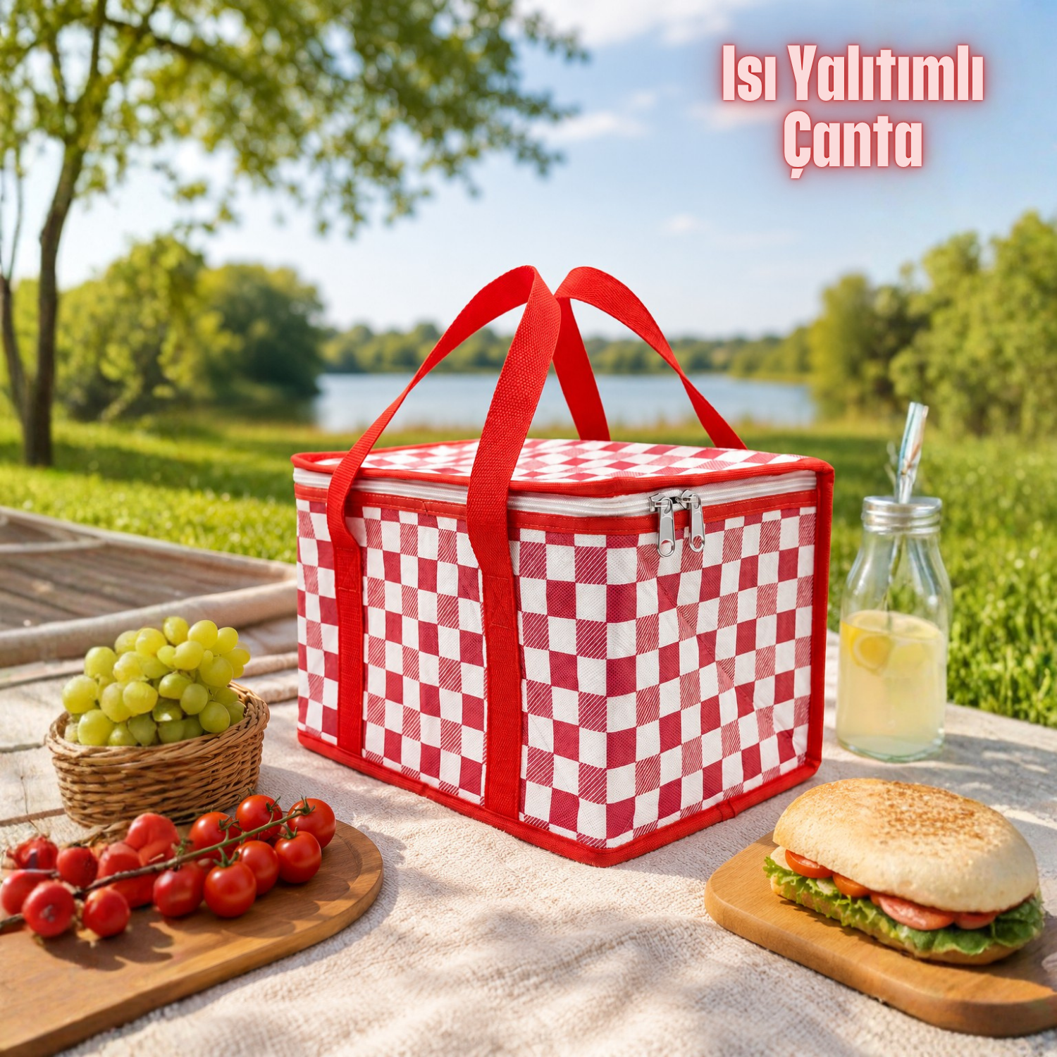 Kırmızı Ekoseli Termal 20 Litre Soğuk Tutucu Çanta Piknik Sepeti Kamp Plaj Çantası 34x20x20 cm
