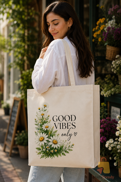 Good Vibes Baskılı Ham Bez Çanta 40x50x10 cm – Büyük Boy Körüklü Tote Bag