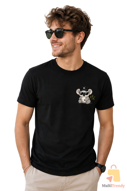 Koala Baskılı Siyah Kadın Erkek Tişört %100 Pamuk Bisiklet Yaka Günlük Basic T-Shirt