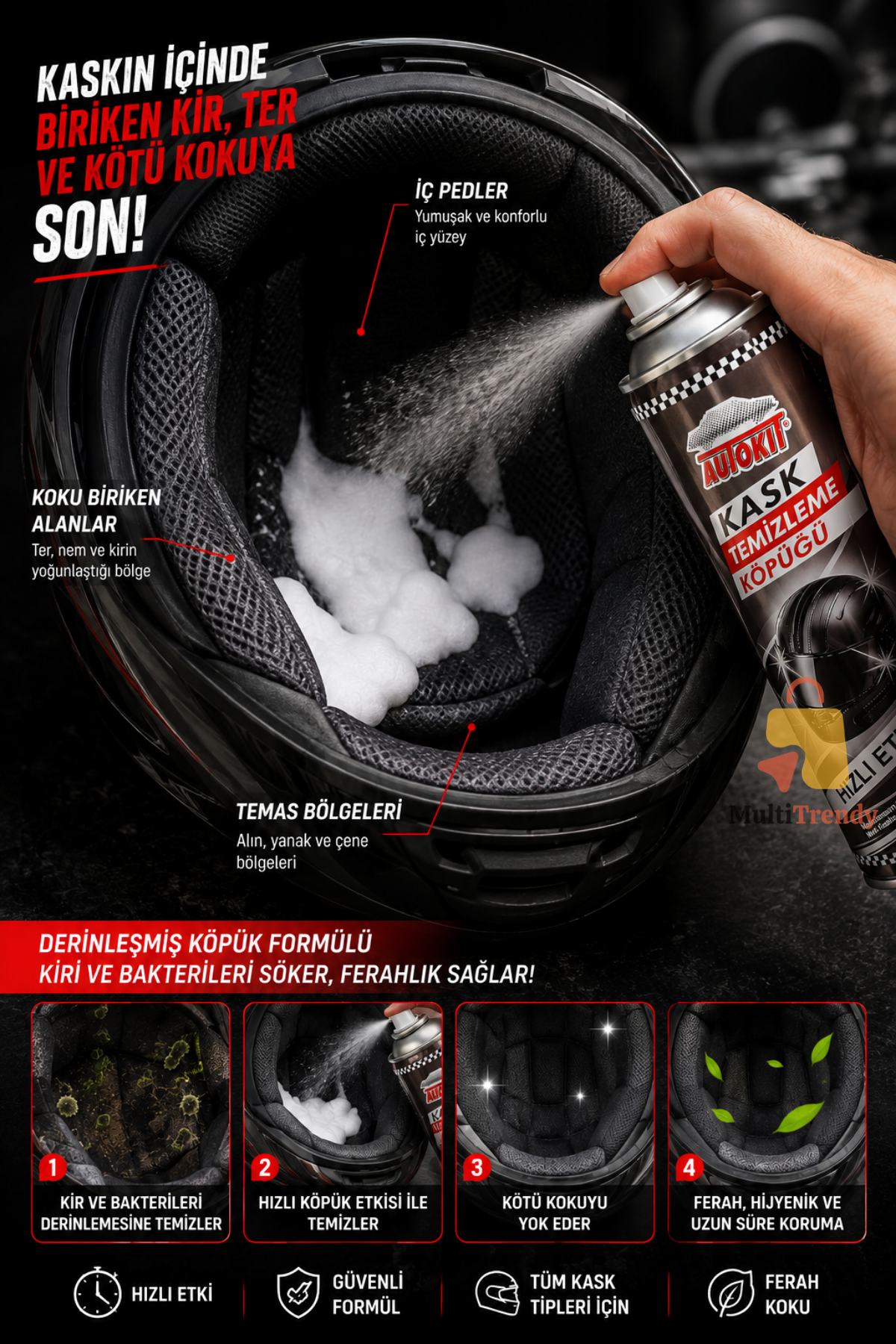 Kask Temizleme Köpüğü Kötü Koku ve Kir Giderici Motosiklet Kaskı İç Ped Temizleyici Sprey