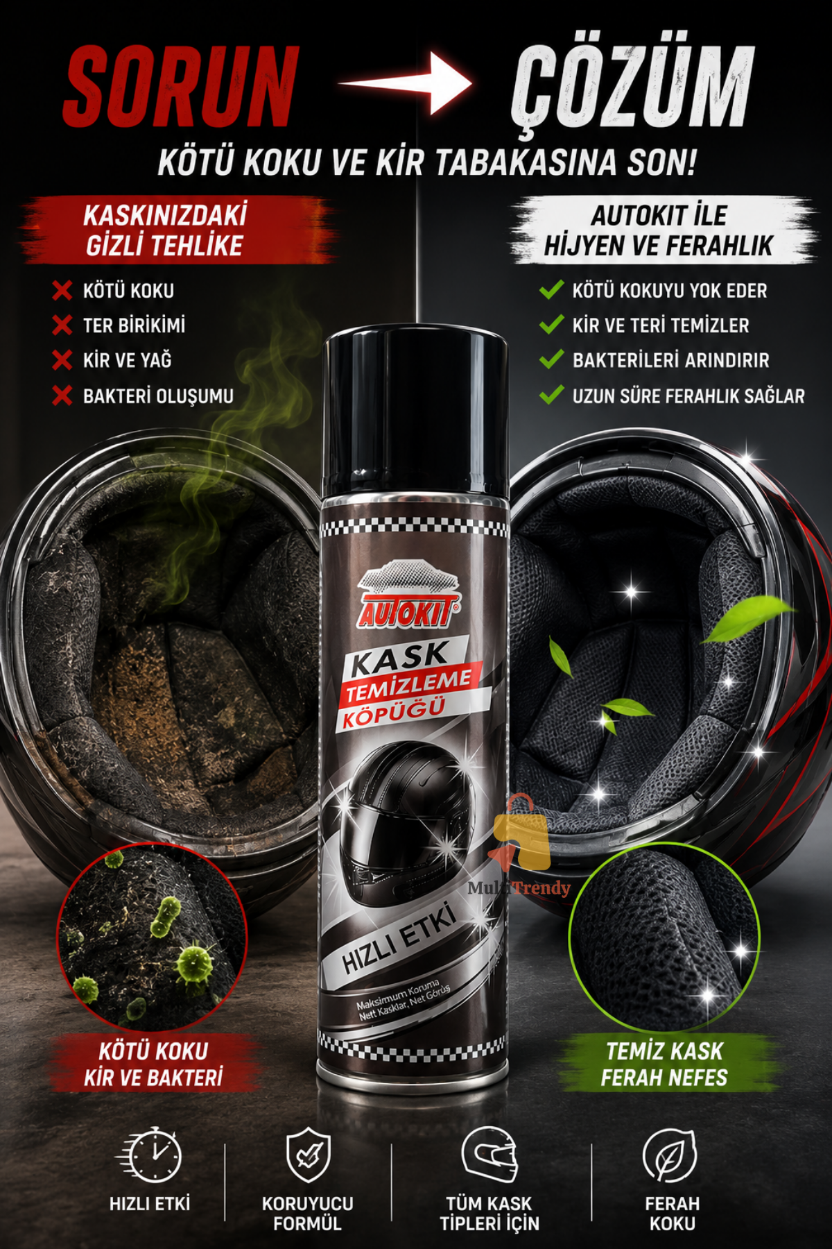 Kask Temizleme Köpüğü Kötü Koku ve Kir Giderici Motosiklet Kaskı İç Ped Temizleyici Sprey