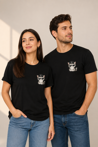 Siyah Kedi Baskılı Tişört Kadın Erkek %100 Pamuk Güneş Gözlüklü Sevimli Kedi Tasarımlı Basic T-Shirt