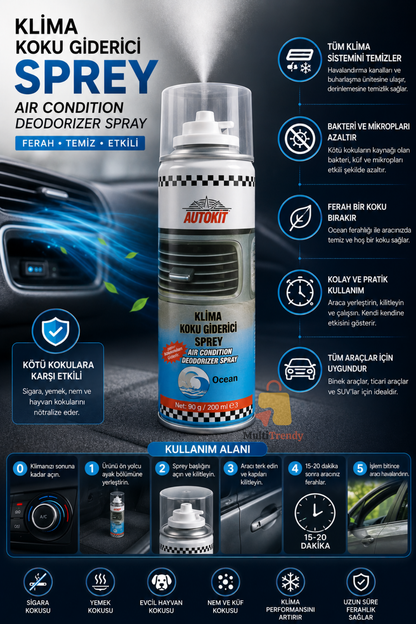 Klima Koku Bombası 200 ml Araç Klima Temizleyici Koku Giderici Sprey Ocean Klima Fresh