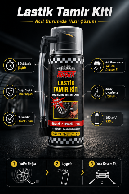Lastik Tamir Kiti 450 ml Acil Lastik Şişirici Sprey Patlak Lastik Onarım Köpüğü