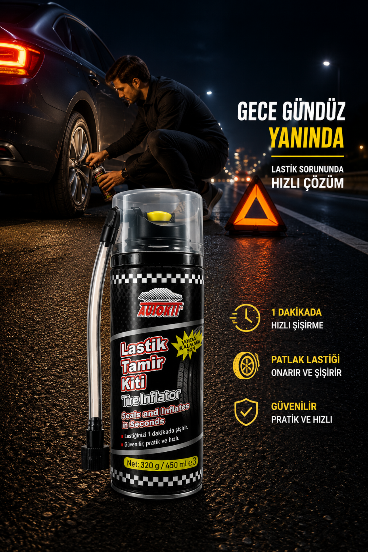 Lastik Tamir Kiti 450 ml Acil Lastik Şişirici Sprey Patlak Lastik Onarım Köpüğü