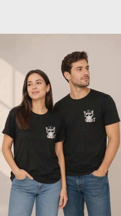 Siyah Kedi Baskılı Tişört Kadın Erkek %100 Pamuk Güneş Gözlüklü Sevimli Kedi Tasarımlı Basic T-Shirt