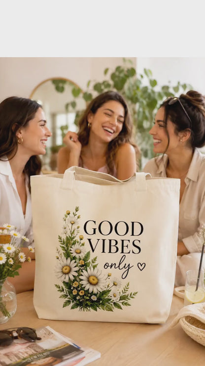 Good Vibes Baskılı Ham Bez Çanta 40x50x10 cm – Büyük Boy Körüklü Tote Bag