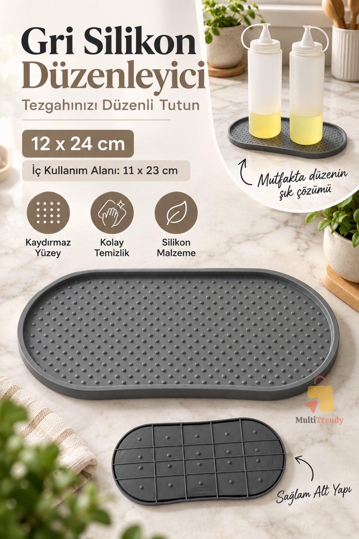 Silikon Mutfak Düzenleyici 12x24 cm Yağdanlık Sabunluk Altlığı Kaymaz Tezgah Koruyucu