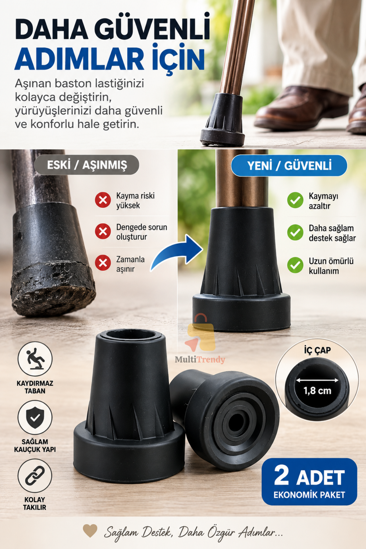 2 Adet Baston Lastiği 18 mm Kaymaz Kauçuk Baston Ucu Kanedyen Koltuk Değneği Asa Lastiği Siyah