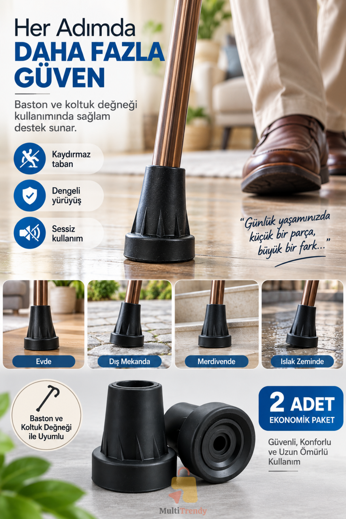 2 Adet Baston Lastiği 18 mm Kaymaz Kauçuk Baston Ucu Kanedyen Koltuk Değneği Asa Lastiği Siyah