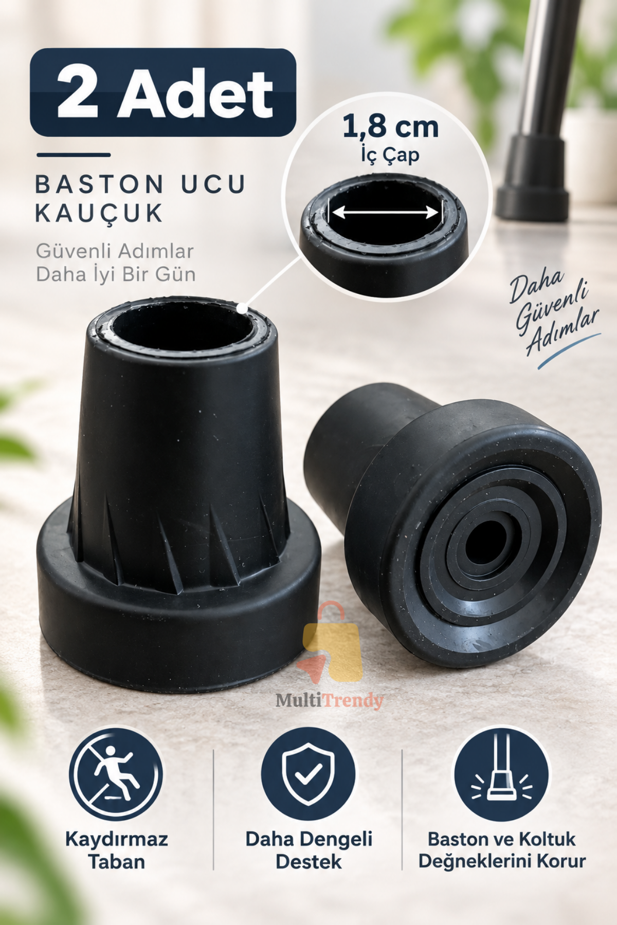 2 Adet Baston Lastiği 18 mm Kaymaz Kauçuk Baston Ucu Kanedyen Koltuk Değneği Asa Lastiği Siyah