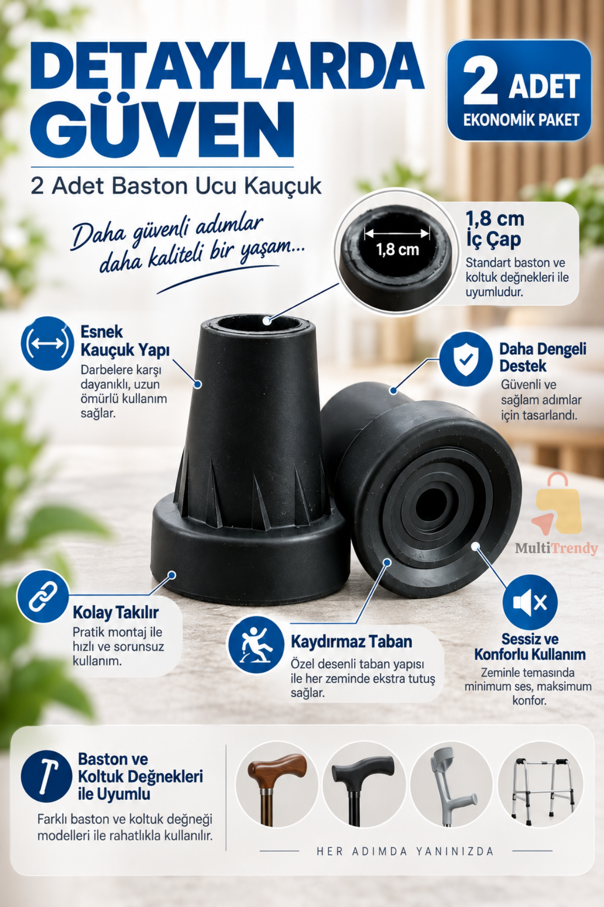2 Adet Baston Lastiği 18 mm Kaymaz Kauçuk Baston Ucu Kanedyen Koltuk Değneği Asa Lastiği Siyah