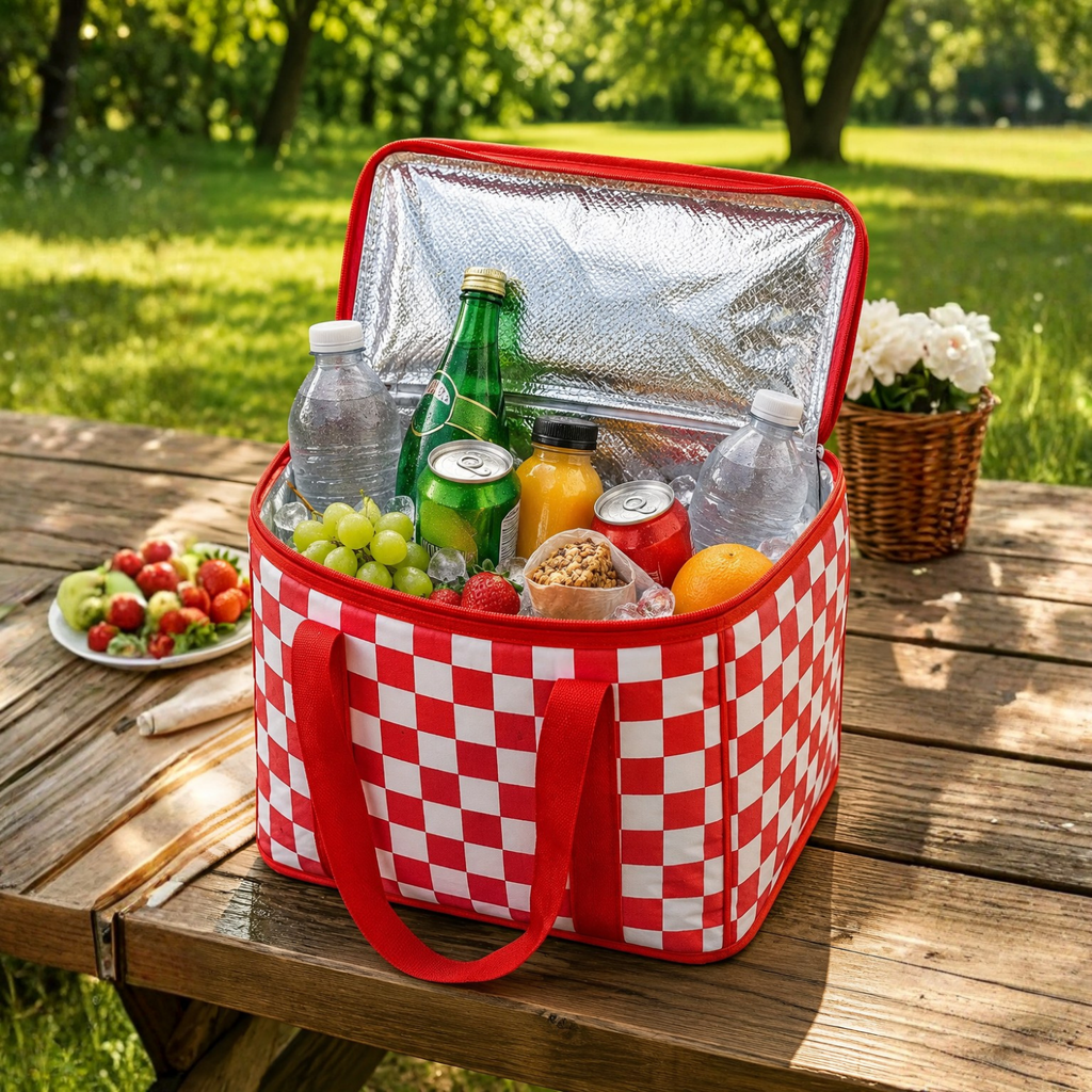 Kırmızı Ekoseli Termal 20 Litre Soğuk Tutucu Çanta Piknik Sepeti Kamp Plaj Çantası 34x20x20 cm
