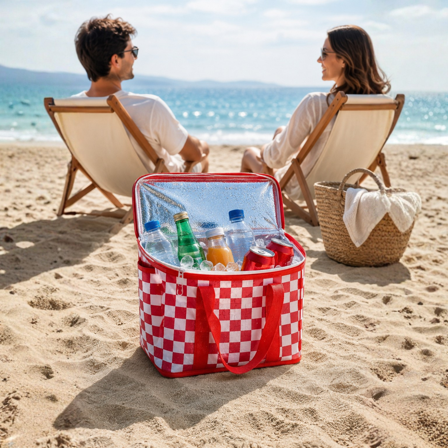 Kırmızı Ekoseli Termal 20 Litre Soğuk Tutucu Çanta Piknik Sepeti Kamp Plaj Çantası 34x20x20 cm
