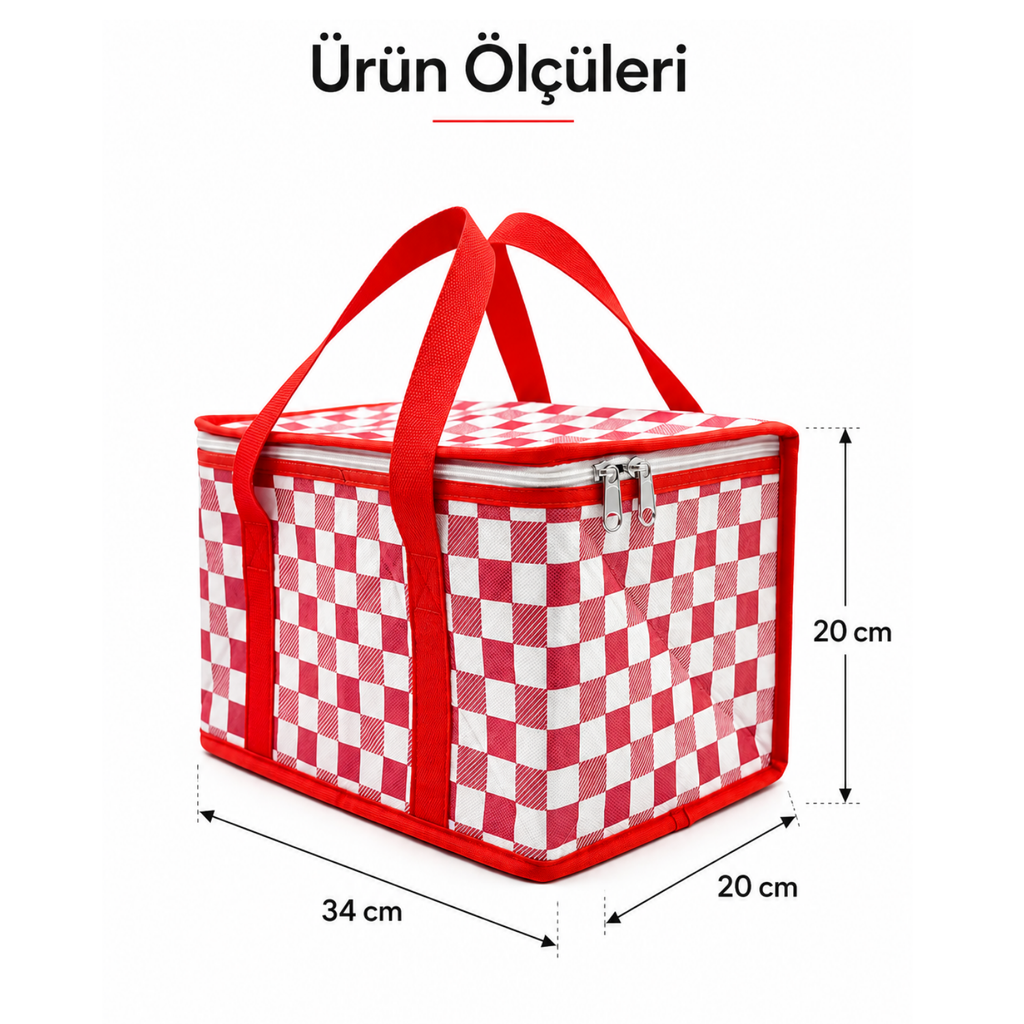 Kırmızı Ekoseli Termal 20 Litre Soğuk Tutucu Çanta Piknik Sepeti Kamp Plaj Çantası 34x20x20 cm