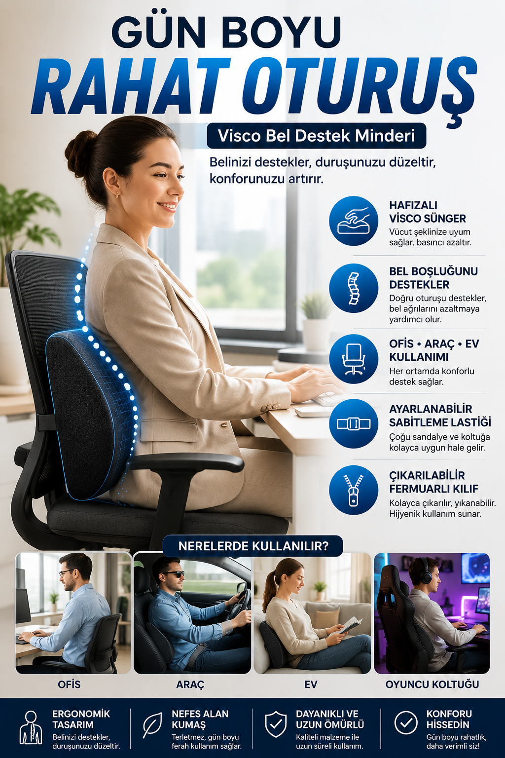 Visco Bel Destek Minderi Ortopedik Hafızalı Sünger Ofis Araç Çalışma Koltuğu Bel Yastığı Ergonomik Sırt Desteği