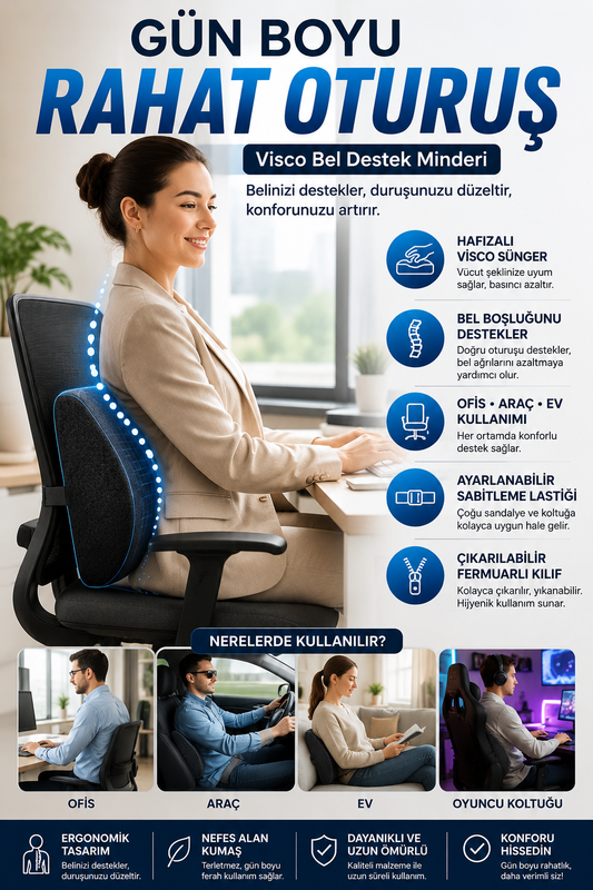 Visco Bel Destek Minderi Ortopedik Hafızalı Sünger Ofis Araç Çalışma Koltuğu Bel Yastığı Ergonomik Sırt Desteği
